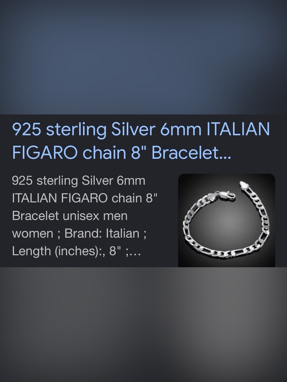 Sterling Silver 925, 8”, 6mm Unisex, Italian Figaro Bracelet. Brand new in box